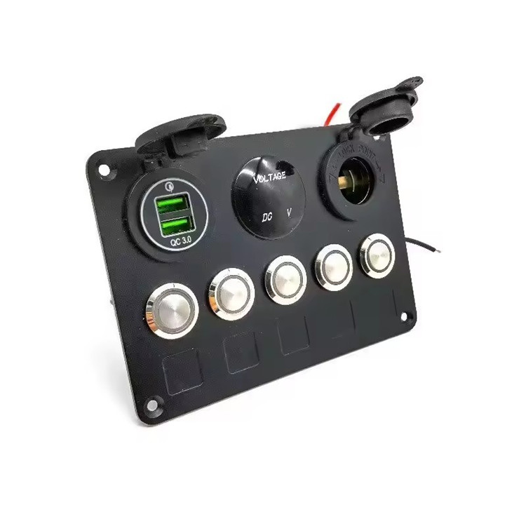12V 24V QC3.0 Dual USB Charger Socket Waterproof Voltmeter Push On Off Button 19mm Metal 5 Switch Panel for Car Boat Marine