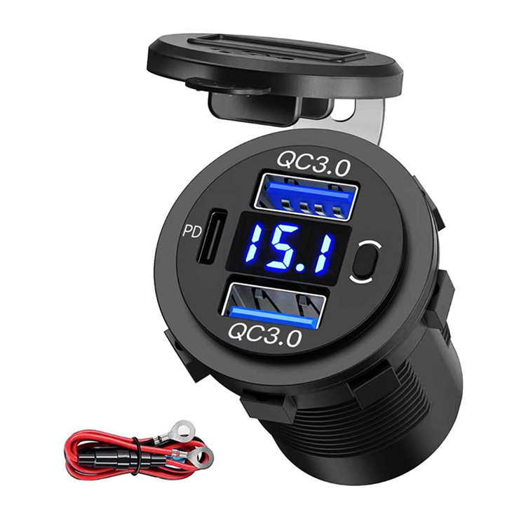 12V Dual Quick Charge 3.0 PD USB C Car Charger with 3 Usb Ports Voltmeter and Power Switch Multi-Function for Boat Marine RV      