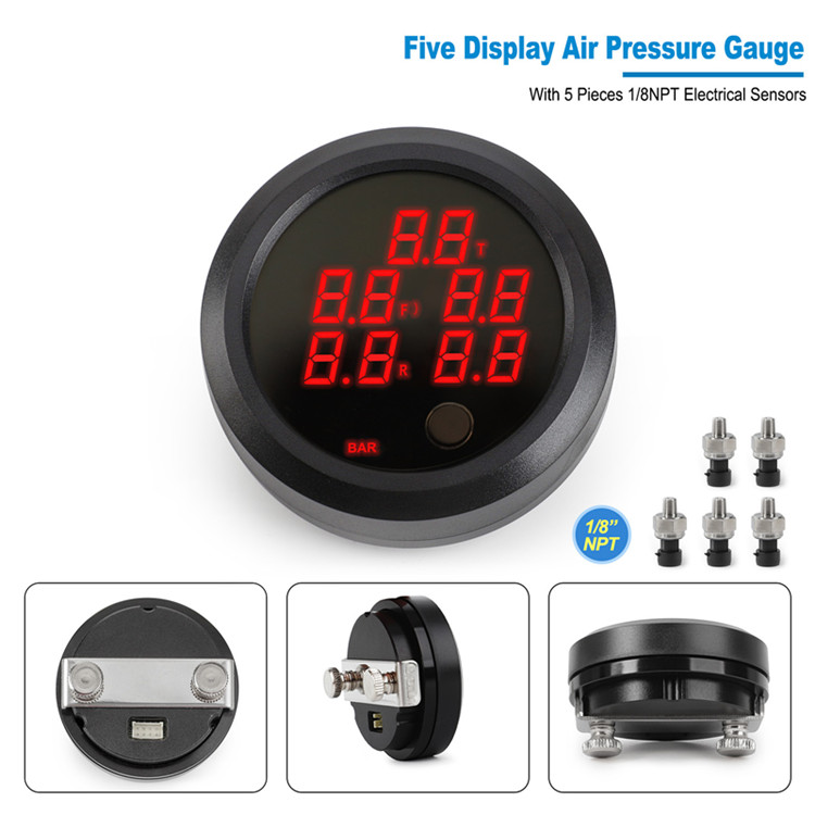 52mm Red LED Display air suspension gauge Electrical Five Ways Penta Air Pressure Gauge Electrical Sensor New Gauges For Cars
